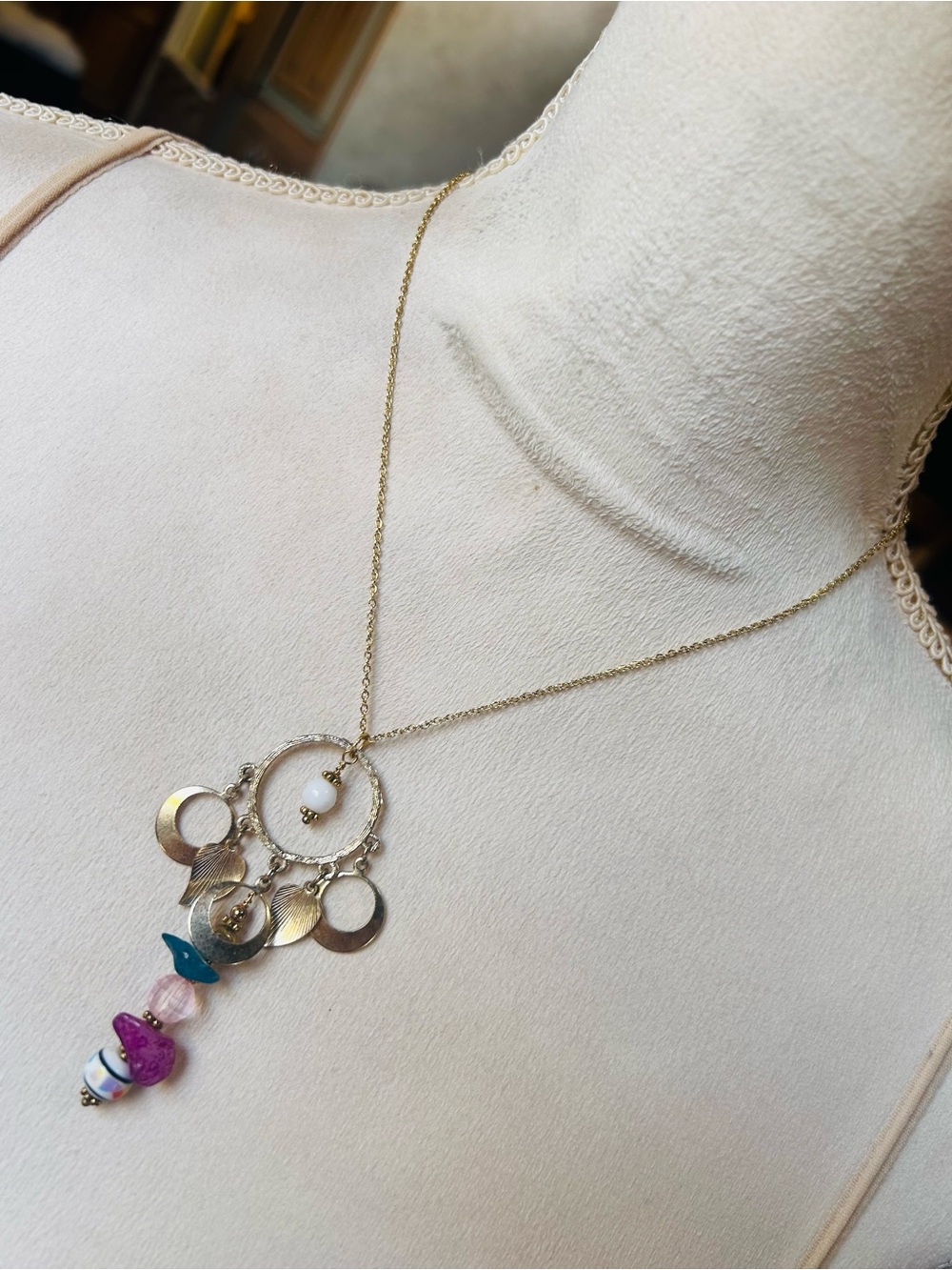 Handcrafted salvaged vintage bead pendant on chain necklace